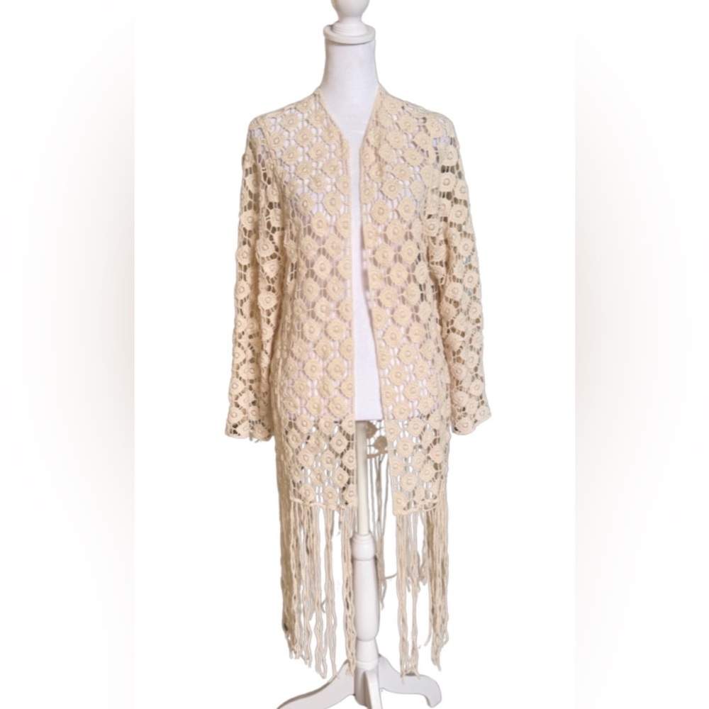 Rebellion Ivory Crochet Lace Fringe Kimono Cardigan